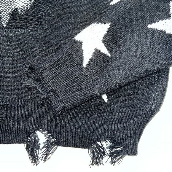 Black Zaful Distressed Sweater with White Star Pattern One Size - Picture 3 of 4